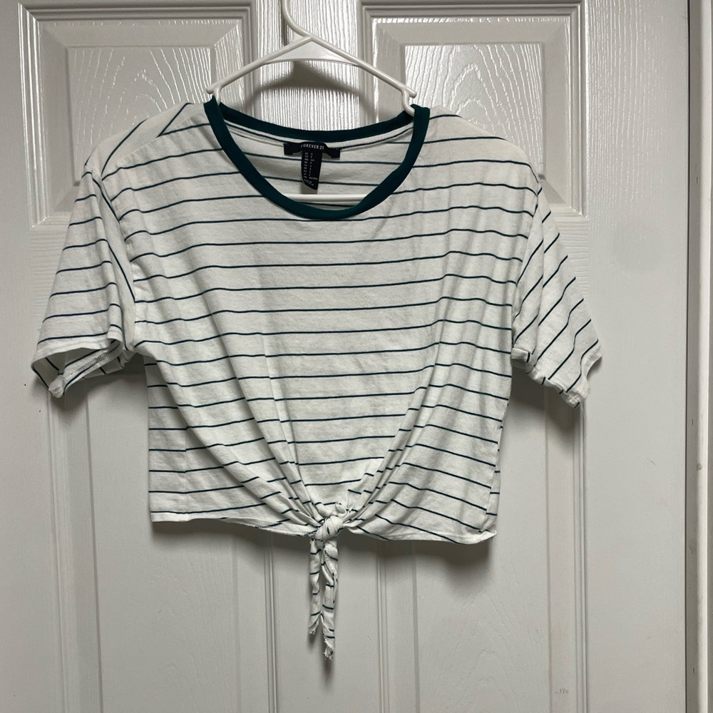 Forever 21 White and green Striped Crop Top